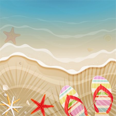 summer beach postcard - Flip-flops and shells on the beach. Vector illustration Stock Photo - Budget Royalty-Free & Subscription, Code: 400-06199873