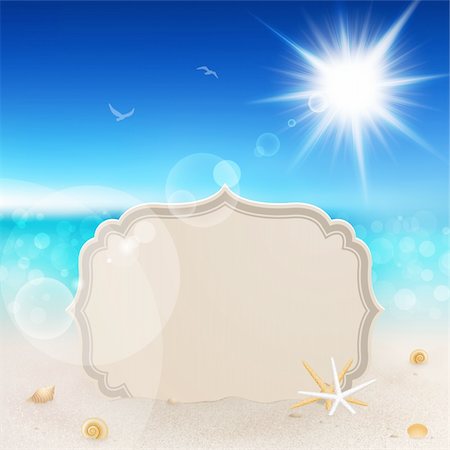 sea postcards vector - Beautiful seaside view with vintage greeting card, sand and shells Stock Photo - Budget Royalty-Free & Subscription, Code: 400-06199885