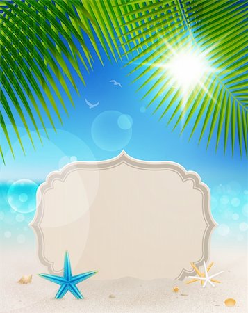 sea postcards vector - Beautiful seaside view with vintage greeting card, sand and palm leaves. Summer holiday vector background. Stock Photo - Budget Royalty-Free & Subscription, Code: 400-06199890