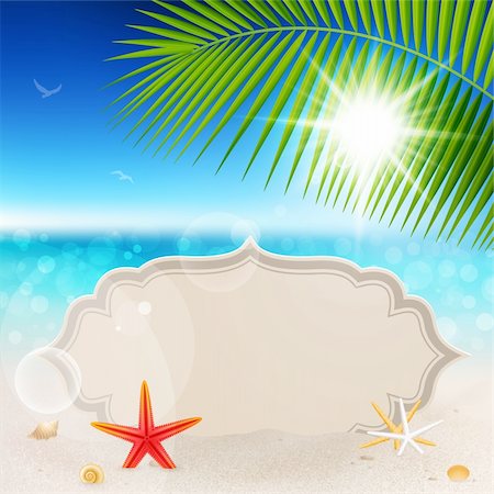 sea postcards vector - Beautiful seaside view with vintage greeting card, sand and palm leaves. Summer holiday vector background. Stock Photo - Budget Royalty-Free & Subscription, Code: 400-06199891