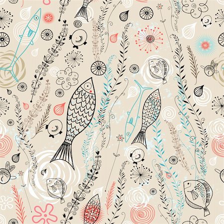 simsearch:400-05755345,k - Seamless floral pattern with fish graphic on a light brown background Stock Photo - Budget Royalty-Free & Subscription, Code: 400-06199929