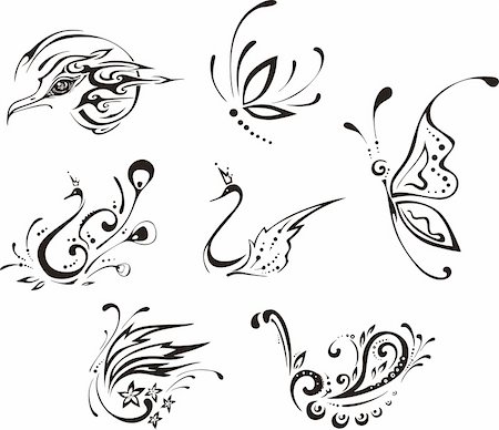 floral tattoo - Stylized butterflies and birds. Set of black and white vector illustrations. Foto de stock - Super Valor sin royalties y Suscripción, Código: 400-06199933