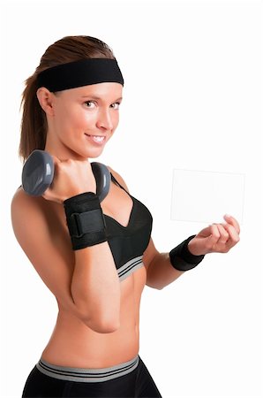 simsearch:400-06480028,k - Woman working out with dumbbells at a gym and showing a blank card Stock Photo - Budget Royalty-Free & Subscription, Code: 400-06204746