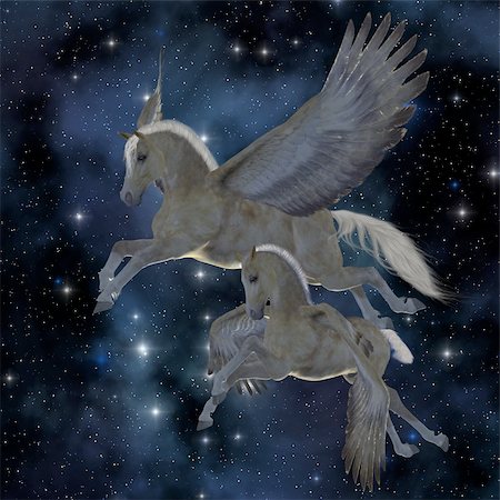 simsearch:400-06205526,k - A Palomino Pegasus mare and foal fly among the stars on magical wings. Foto de stock - Super Valor sin royalties y Suscripción, Código: 400-06205528