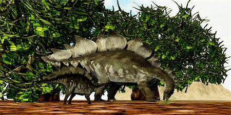 simsearch:400-04236748,k - A Stegosaurus baby looks to its mother to find the best eating foliage. Foto de stock - Super Valor sin royalties y Suscripción, Código: 400-06205532