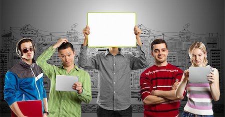 Male with group of people, with write board in his hands, against his head Stock Photo - Budget Royalty-Free & Subscription, Code: 400-06206480