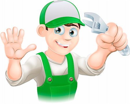 engineers hat cartoon - Graphic of smiling plumber or mechanic in overalls holding spanner and waving Stock Photo - Budget Royalty-Free & Subscription, Code: 400-06206842