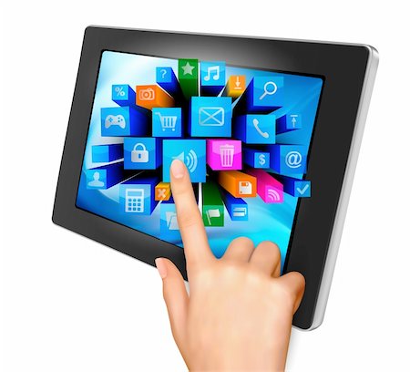 symbols of multimedia - Hand holding touch pad pc and finger touching it s screen with icons Stock Photo - Budget Royalty-Free & Subscription, Code: 400-06206995