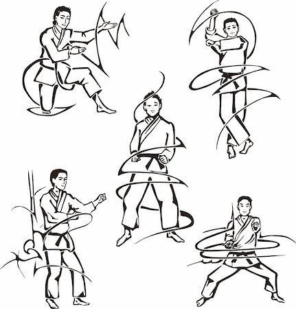 Martial art lessons. Set of black and white vector illustrations. Stock Photo - Budget Royalty-Free & Subscription, Code: 400-06207695