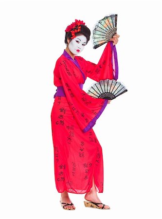 Full length portrait of geisha dancing with fans isolated on white Stock Photo - Budget Royalty-Free & Subscription, Code: 400-06207728