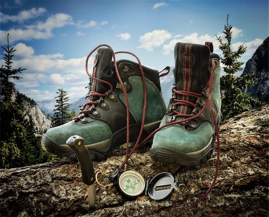 Pair of hiking boots with compass on fallen tree trunk Photographie de stock - Libre de Droits (LD), Artiste: Sandralise, Le code de l’image : 400-06208131