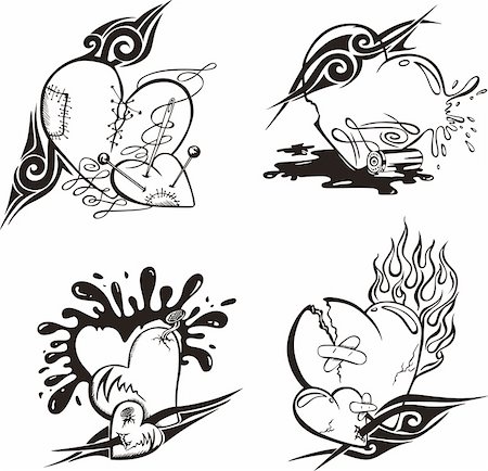 Stylized Tattoos with Hearts. Set of black and white vector illustrations. Foto de stock - Super Valor sin royalties y Suscripción, Código: 400-06200080