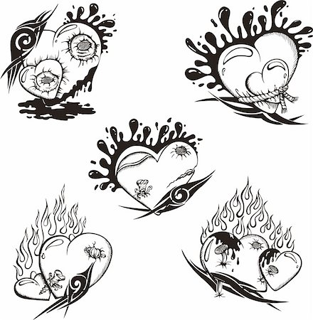 Stylized Tattoos with Hearts. Set of black and white vector illustrations. Foto de stock - Super Valor sin royalties y Suscripción, Código: 400-06200082