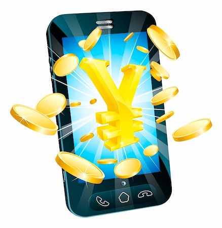 Yen money phone concept illustration of mobile cell phone with gold yen sign and coins Photographie de stock - Aubaine LD & Abonnement, Code: 400-06200370