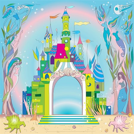 fairy tale castle under the sea, hand drawn composition with mermaids and fishes Photographie de stock - Aubaine LD & Abonnement, Code: 400-06200586
