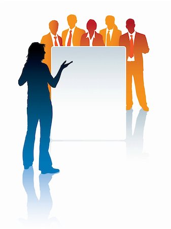 simsearch:400-04082063,k - Woman standing in front of a poster, and a group of businesspeople is behind the poster Stock Photo - Budget Royalty-Free & Subscription, Code: 400-06200707