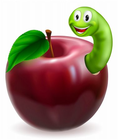 Illustration of a cute happy green caterpillar or worm coming out of a juicy red apple Stock Photo - Budget Royalty-Free & Subscription, Code: 400-06200788