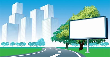 simsearch:400-08050307,k - Blank billboard and roadside trees at the road, cityscape in the background. Stockbilder - Microstock & Abonnement, Bildnummer: 400-06200791