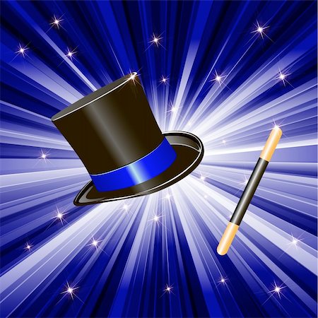 illustration, magic hat and stick on blue Stock Photo - Budget Royalty-Free & Subscription, Code: 400-06200818