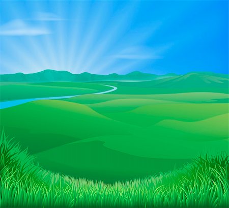 An idyllic rural landscape illustration with rolling green grass hills and a sun rising over mountains Stock Photo - Budget Royalty-Free & Subscription, Code: 400-06200857