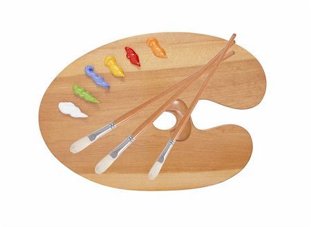 painter palette photography - wooden art palette with blobs of paint and a brush on white background Foto de stock - Super Valor sin royalties y Suscripción, Código: 400-06201204
