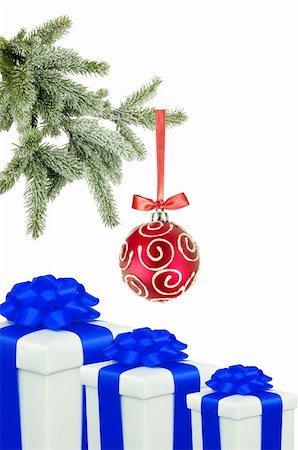 simsearch:400-05177572,k - Christmas ball on the tree and gift boxes on white background Stock Photo - Budget Royalty-Free & Subscription, Code: 400-06201207
