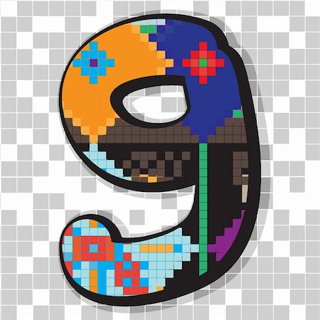 Funny fat figure 9 decorated with abstract ethno pixel-art model over neutral mosaic Stock Photo - Budget Royalty-Free & Subscription, Code: 400-06201335