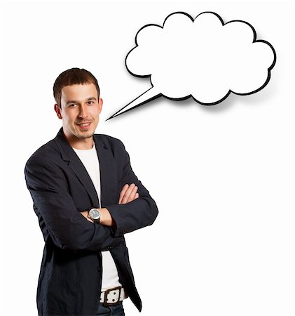 Business man with speech bubble, looking on camera Stock Photo - Budget Royalty-Free & Subscription, Code: 400-06202097