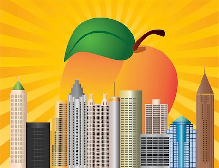 simsearch:400-06170841,k - Atlanta Georgia City Skyline  with Sun Rays and Peach Fruit in Background Illustration Photographie de stock - Aubaine LD & Abonnement, Code: 400-06202346