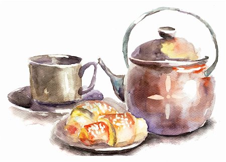 simsearch:400-08788133,k - Cup of tea with buns, watercolor illustration Stock Photo - Budget Royalty-Free & Subscription, Code: 400-06202754