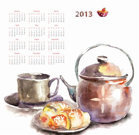 simsearch:400-08788133,k - Calendar for 2013 wit watecolor illustration a Cup of tea with buns Stock Photo - Budget Royalty-Free & Subscription, Code: 400-06202755