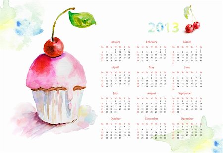 simsearch:400-07498585,k - Calendar for 2013 Watercolor illustration of cake Photographie de stock - Aubaine LD & Abonnement, Code: 400-06202756