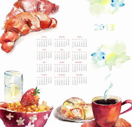 simsearch:400-08788133,k - Cup of coffee with buns, watercolor illustration, Calendar for 2013 Stock Photo - Budget Royalty-Free & Subscription, Code: 400-06202759