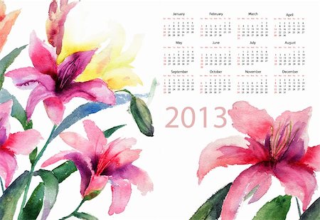 simsearch:400-06202782,k - Beautiful Lily flowers, watercolor illustration, calendar for 2013 Stock Photo - Budget Royalty-Free & Subscription, Code: 400-06202774