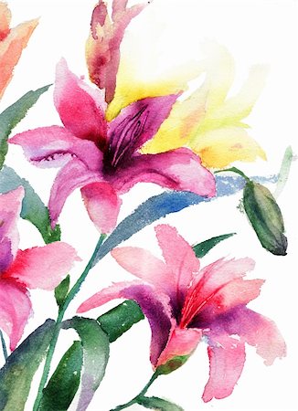 simsearch:400-06202782,k - Beautiful Lily flowers, watercolor illustration Stock Photo - Budget Royalty-Free & Subscription, Code: 400-06202773