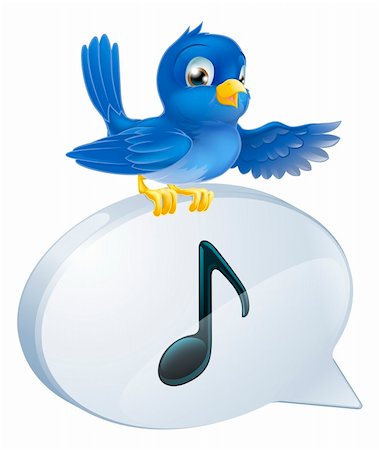 Illustration of a cute bluebird standing musical note speech bubble and singing or tweeting Stock Photo - Budget Royalty-Free & Subscription, Code: 400-06202842