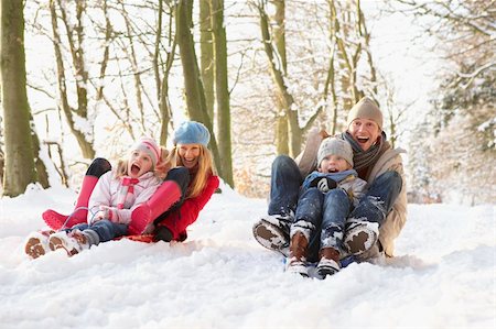 simsearch:400-05686748,k - Family Sledging Through Snowy Woodland Fotografie stock - Microstock e Abbonamento, Codice: 400-06203588
