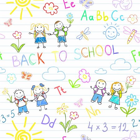 Seamless background. Back to school. Vector sketches with happy pupils. Sketch on notebook page Stock Photo - Budget Royalty-Free & Subscription, Code: 400-06325639