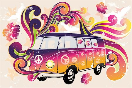 Retro van - flower power - van with colorful swirls, doves, peace signs and hibiscus as a vintage retro poster Stock Photo - Budget Royalty-Free & Subscription, Code: 400-06325754