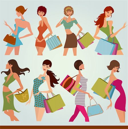 illustration drawing of shopping girl Foto de stock - Super Valor sin royalties y Suscripción, Código: 400-06325824