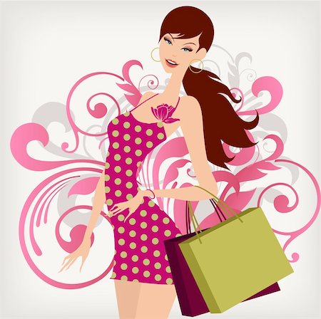 illustration drawing of shopping girl Photographie de stock - Aubaine LD & Abonnement, Code: 400-06325929