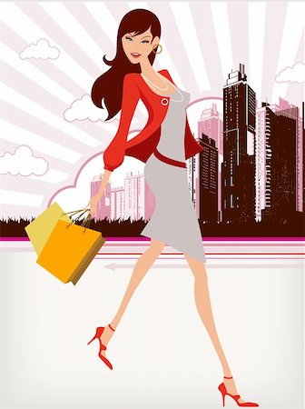illustration drawing of shopping girl Fotografie stock - Microstock e Abbonamento, Codice: 400-06325931