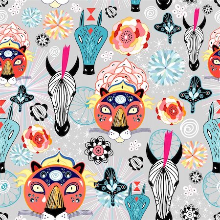 Seamless vivid pattern of wild animals on a gray background with flowers Stock Photo - Budget Royalty-Free & Subscription, Code: 400-06326113