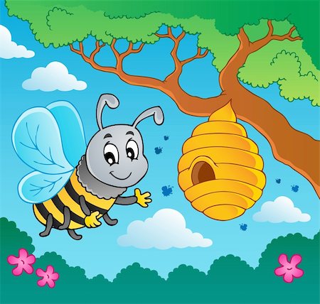 simsearch:400-04235844,k - Cartoon bee with hive - vector illustration. Photographie de stock - Aubaine LD & Abonnement, Code: 400-06326506