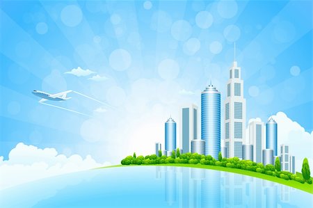 Business City Island with Aircraft on Green Background Stock Photo - Budget Royalty-Free & Subscription, Code: 400-06326752