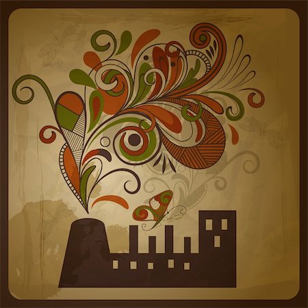 vector eco  concept composition with a factory and  floral exhaust smoke coming from it   on crumpled paper texture, eps 10, Stock Photo - Budget Royalty-Free & Subscription, Code: 400-06327145