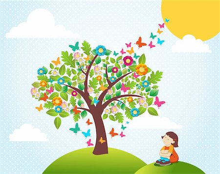 simsearch:400-04739592,k - Cute spring time landscape with tree flowers composition and girl. Vector file layered for easy manipulation and custom coloring. Foto de stock - Royalty-Free Super Valor e Assinatura, Número: 400-06327238