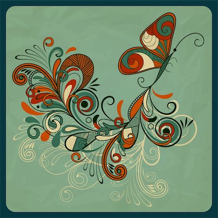 drawing of a butterfly - vector concept butterfly and abstract branch on crumpled paper texture,  eps 10, mesh Stock Photo - Budget Royalty-Free & Subscription, Code: 400-06327300