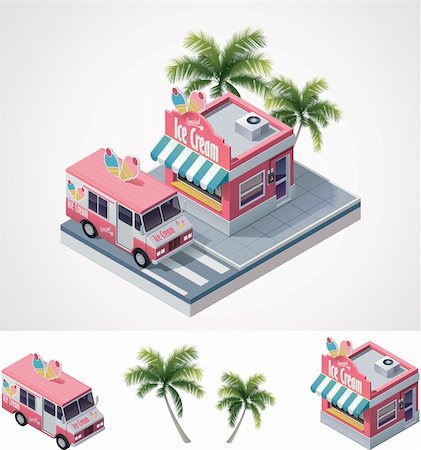 Detailed icon representing small ice cream store building and ice cream truck Stock Photo - Budget Royalty-Free & Subscription, Code: 400-06327445