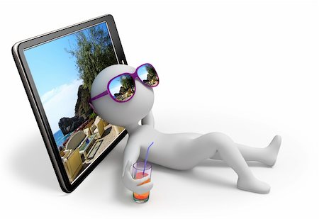 sun porch - Abstract character lies near tablet which displays veranda of seaside hotel and dreams of vacation with sun glasses over his eyes and glass of drink in his hand Photographie de stock - Aubaine LD & Abonnement, Code: 400-06327806